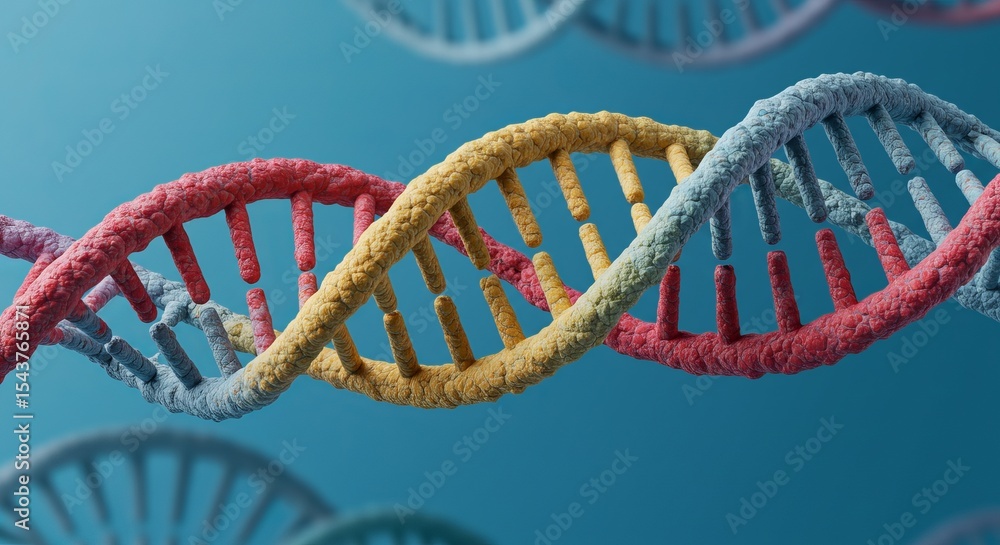 Colorful textured DNA molecule strands on a blue background. Genetic engineering and medical science research concept for biology. Colorful textured DNA molecule strands on a blue background. Genetic engineering and medical science research concept for biology.