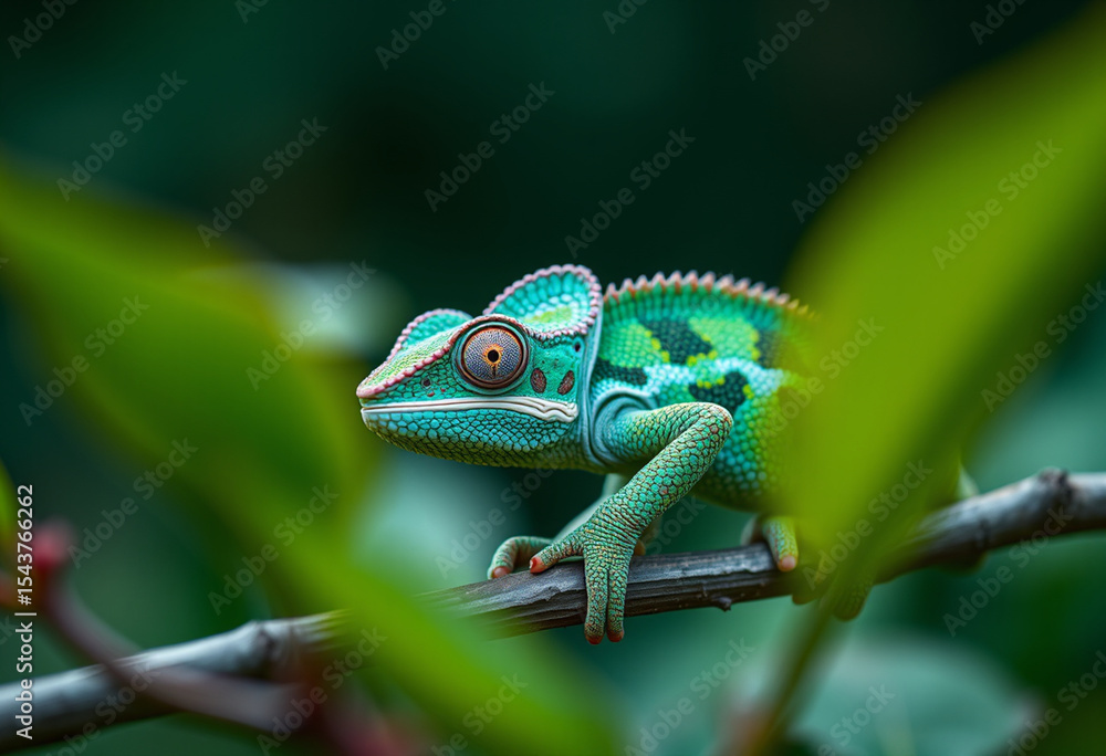 Vibrant green chameleon perched on a branch in lush foliage, exotic reptile in natural habitat, close-up view Vibrant green chameleon perched on a branch in lush foliage, exotic reptile in natural habitat, close-up view