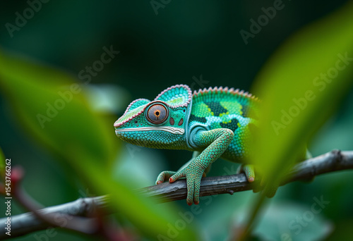 Wallpaper Mural Vibrant green chameleon perched on a branch in lush foliage, exotic reptile in natural habitat, close-up view Torontodigital.ca