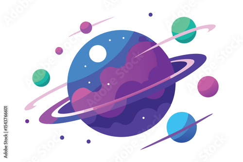Colorful illustration of a planet with rings and surrounding celestial bodies, floating in space.