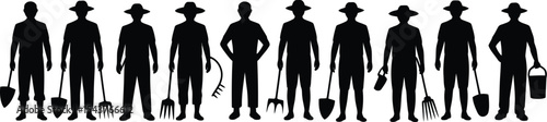 Silhouette of farmers standing in a row with various farming equipment tools