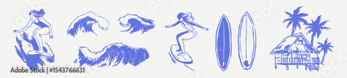 Tropical summer coastal chalk illustration set. Hand drawn exotic marine charcoal vector elements of Hawaii island with rough sketched texture. Blue doodle travel paradise. Surfing, woman, wave.