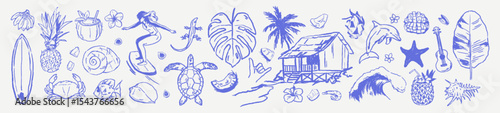 Tropical summer vacation chalk illustration set. Hand drawn charcoal vector elements of Hawaii island, palm tree, coconut, exotic fruits, woman with rough sketched texture. Blue doodle travel paradise