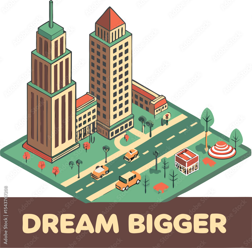 Obraz premium 3D isometric cityscape with “Dream Bigger” below it on transparent background, t-shirt design 