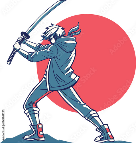  Anime inspired vector of a cool character with katana and red sun on transparent background, t-shirt design or sticker ready to print
