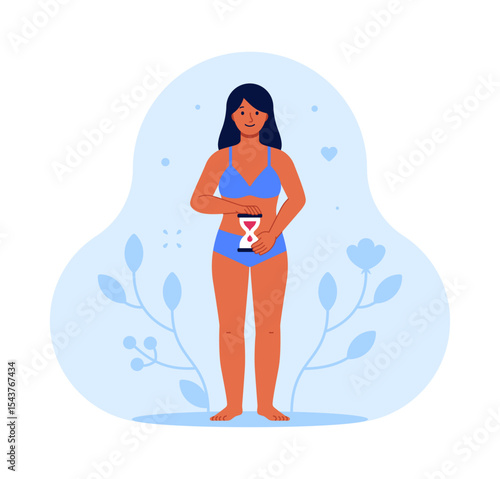 Woman holding hourglass near abdomen. Menstruation, menstrual cycle, period, reproductive health, fertility and biological clock concept. Flat illustration isolated on white background