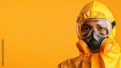 This striking image features an individual dressed in a protective hazmat suit and mask, highlighting themes of safety, caution, and the current global health concerns.