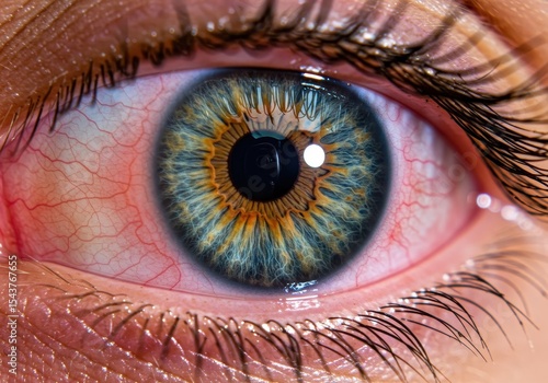 closeup of human eye with vibrant blue and amber iris surrounded by red veins. focus on detail and texture. medical or anatomical poster. health, national eye exam month