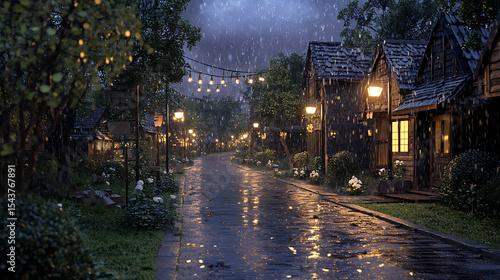 Wet cobblestone streets reflecting village lights on rainy night scene high resolution picture