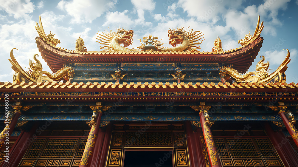 Obraz premium Wide angle view of elegant chinese building with gold carvings high resolution picture