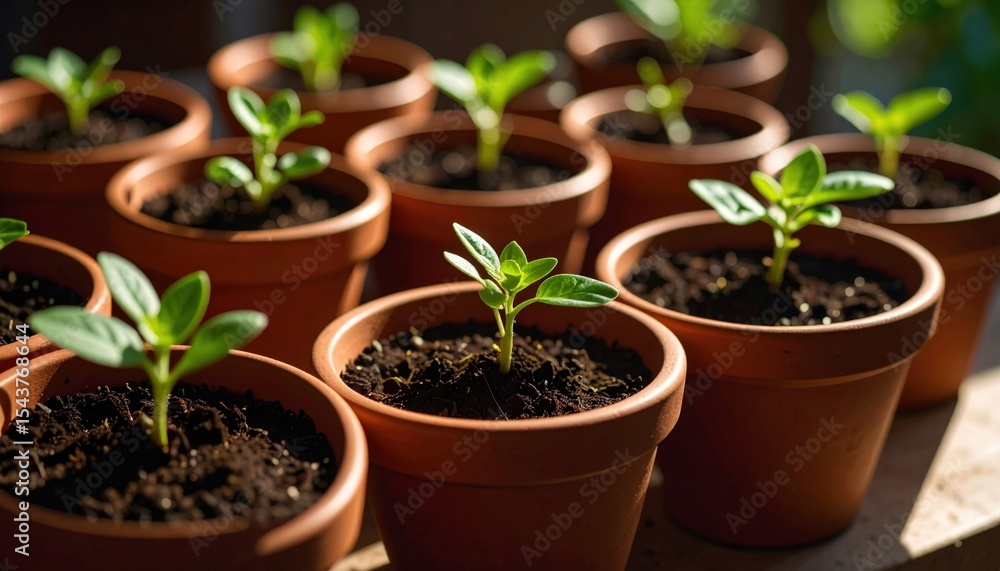 Young Seedlings Growing in Pots: Small green plants sprouting in terracotta pots in sunlight. Symbolizing new life, growth, beginnings, and potential. Young Seedlings Growing in Pots: Small green plants sprouting in terracotta pots in sunlight. Symbolizing new life, growth, beginnings, and potential.
