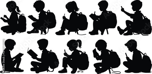 Silhouette of children sitting with backpacks reading and using technology