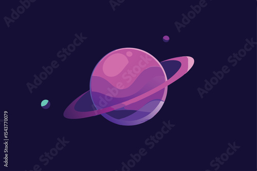 Illustration of a purple planet with rings, surrounded by two small moons, against a dark purple background.