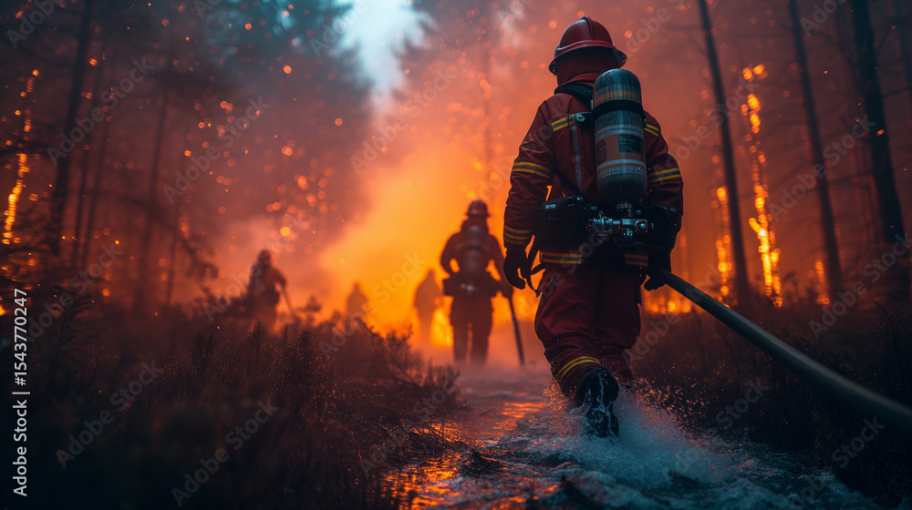 Fototapeta premium A fire brigade in protective suits extinguishes a fire in the forest, everything is burning around, there is a lot of fire and smoke