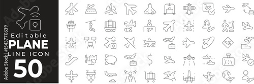 Plane set of web icons in line style. Aviation and travel linear icon collection. Containing aircraft, takeoff, landing, airport, flight ticket, pilot, luggage, air travel and more. Editable stroke