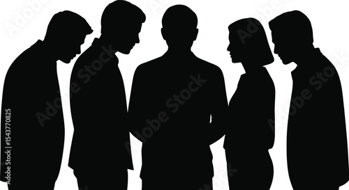Silhouette of five people in business attire standing in a group setting