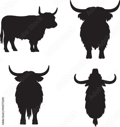 Highland cow silhouette icons set side, front and top views vector art illustration