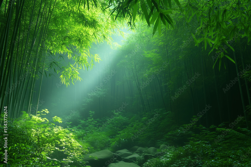 Obraz premium mountain bamboo grove in morning mist