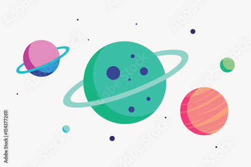 Colorful cartoon planets and celestial bodies orbit in space.