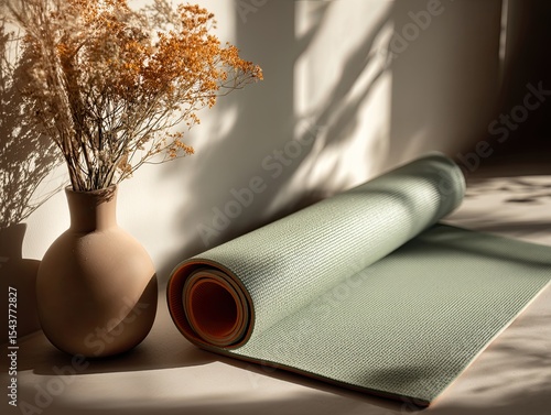 Wallpaper Mural Rolled sage green yoga mat rests on a light surface near a vase of dried flowers, bathed in sunlight casting shadows on the wall and mat Torontodigital.ca