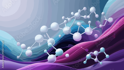 abstract molecular structure in a colorful wave design, scientific illustration, copy space
