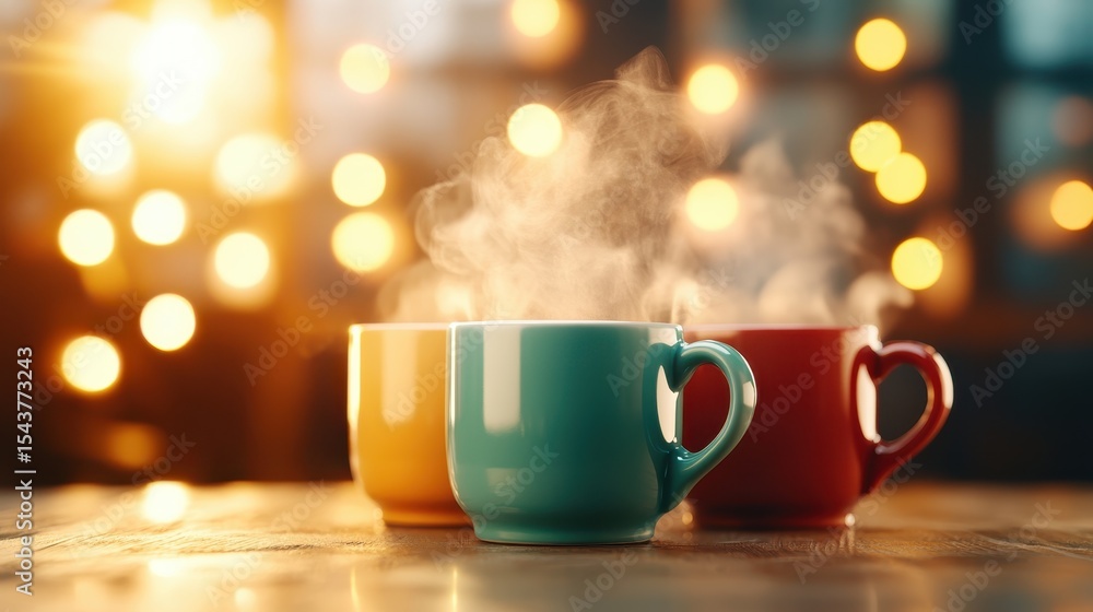 Obraz premium Three colorful steaming coffee cups on a wooden table, radiating warmth and comfort, creating an inviting atmosphere perfect for gatherings or peaceful moments.