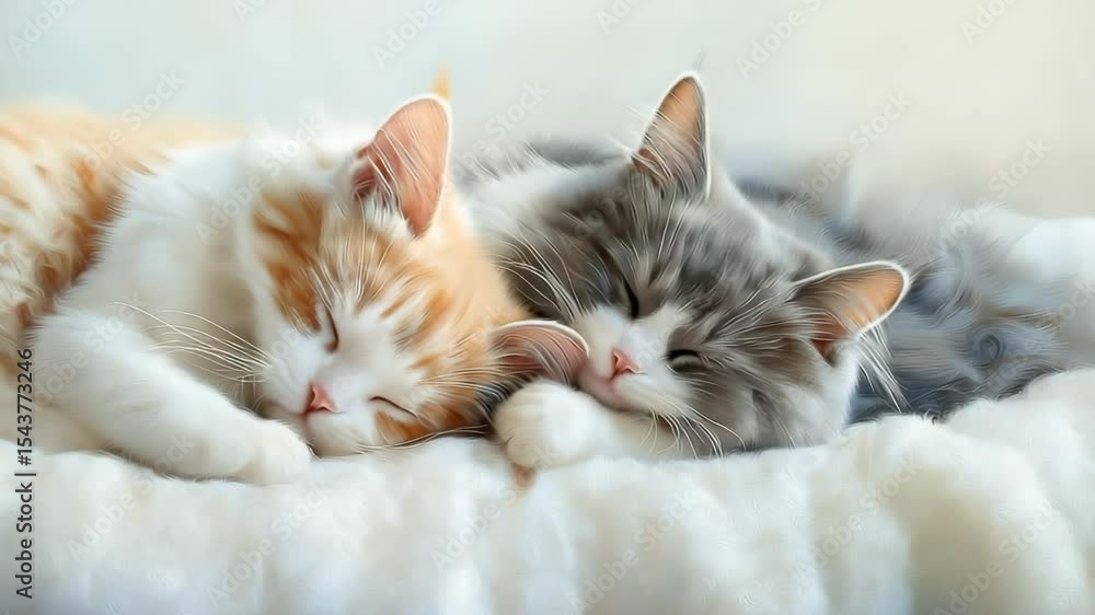 Two cute sleeping fluffy cat, sleeping on soft blanket bed Two cute sleeping fluffy cat, sleeping on soft blanket bed