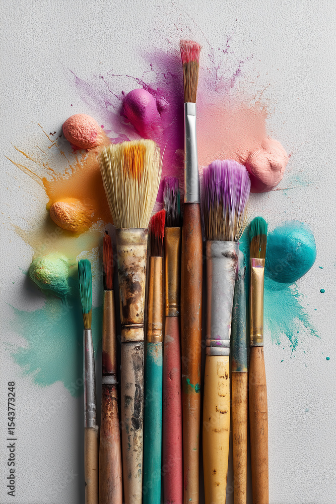 Fototapeta premium Paintbrushes dripping with colorful paint splattered on canvas creating abstract art