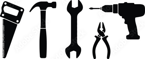 Illustration of a set of tools including saw hammer wrench drill and pliers