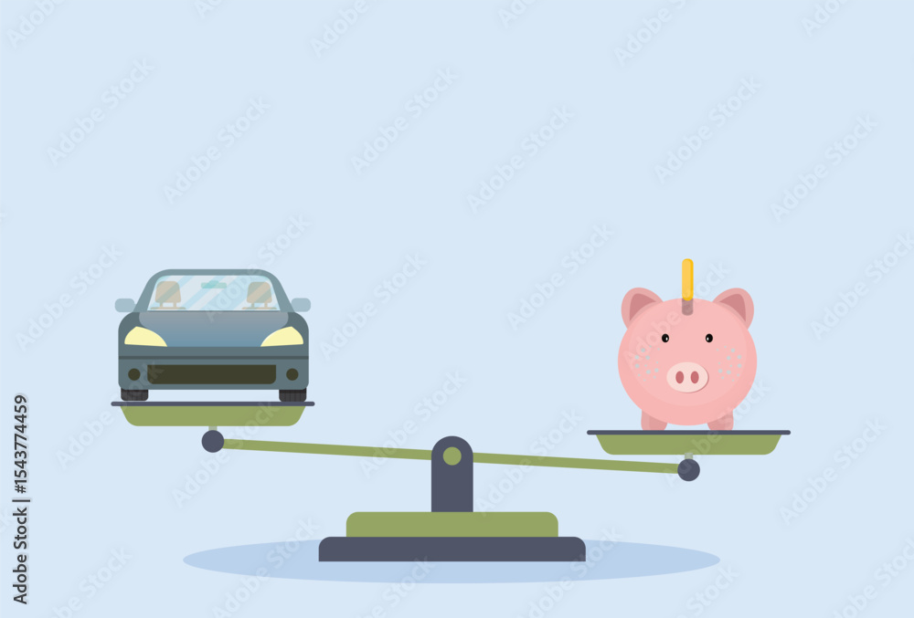 Fototapeta premium Financial decision showing a scale weighing a pink piggy bank with savings against a new car