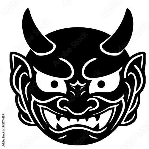 Black and white oni mask illustration, Japanese demon, vector design element