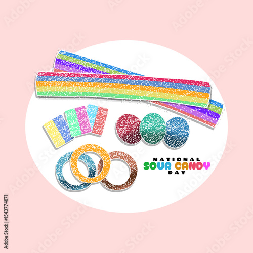 National Sour Candy Day to celebrate on July 18th. Colorful chewy candies sprinkled with fine white sugar grains on pink background. Sweets event banner