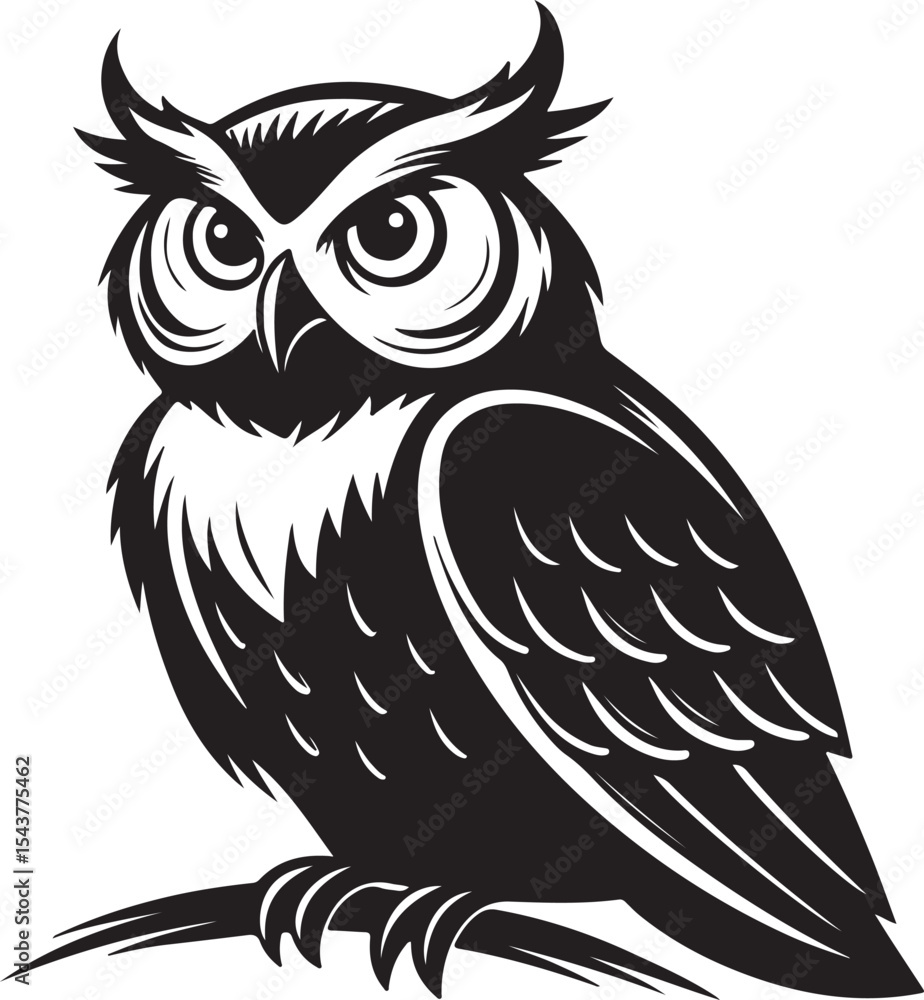 Fototapeta premium Owl vector illustration black and white graphic design art image on a white background