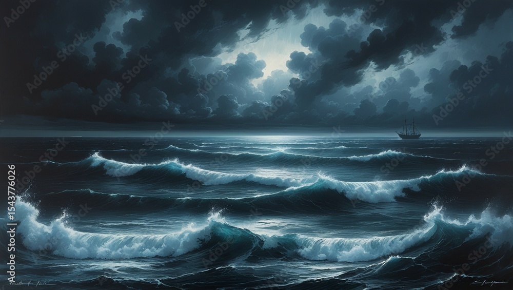 Fototapeta premium The scene depicts a turbulent sea under a stormy sky. The horizontal composition conveys the vastness of the ocean with the large waves crashing in front of it.