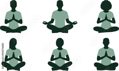 Six silhouettes in lotus position meditating on a white background image