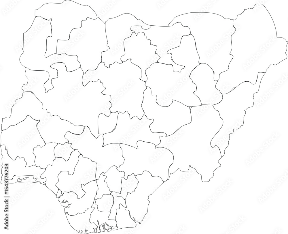 Fototapeta premium Outline of Nigeria Map with Administrative Borders and Internal Regions 