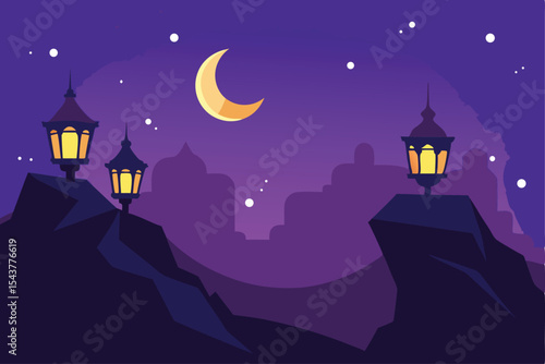 Nighttime cityscape with illuminated lanterns atop rocky outcrops under a crescent moon.
