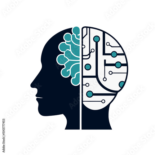Vector icon of an AI brain split into half human and half circuit. Ideal for artificial intelligence, machine learning, tech branding, futuristic design, and digital innovation projects.