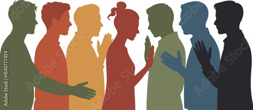 Silhouettes of people in a row with hands raised in a gesture of stopping
