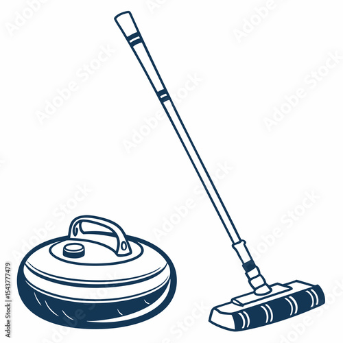 Curling stone and broom for playing curling on white background  