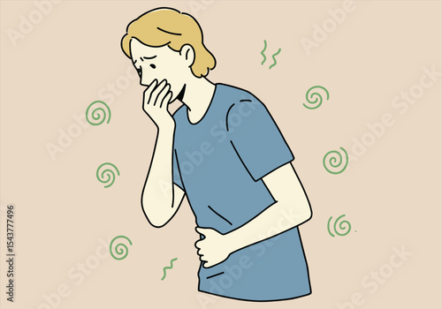 Man Feeling Nauseous with Stomach Ache and Queasy Expression, Illustrated in Light Tones with Green Swirls, Depicting Illness or Motion Sickness Symptoms – Concept Art.