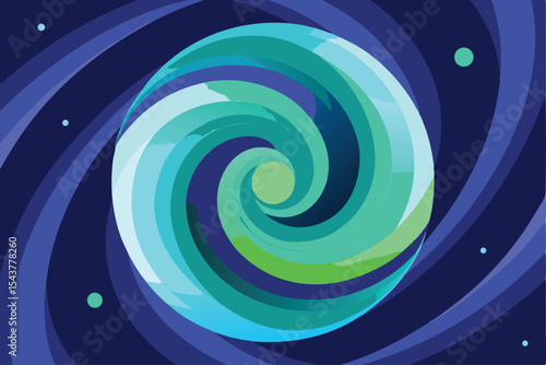 Abstract swirling vortex of blues and greens against a dark blue cosmic background with scattered dots.