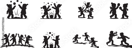 Children playing in snow silhouettes winter fun. eps-10
