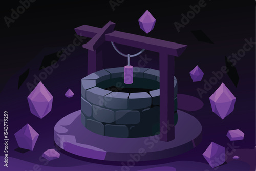 A stylized, dark well with a purple liquid and crystals, situated on a platform against a dark background.
