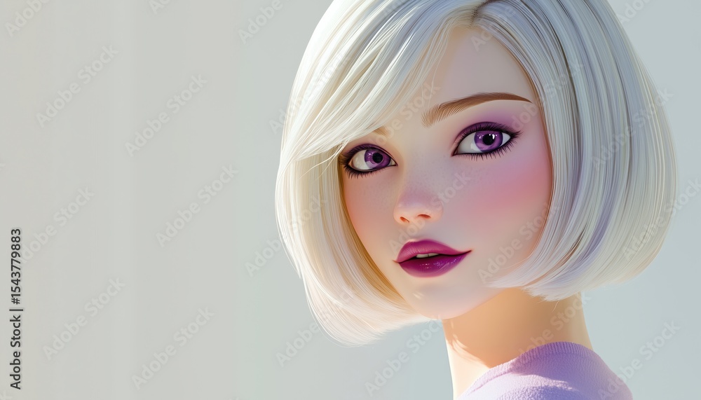 Stylish Ombre Blonde Bob With Short Hair, Enhanced By Purple Makeup On A Beautiful Woman. Trendy Fashion Haircut At The Beauty Salon. Stylish Ombre Blonde Bob With Short Hair, Enhanced By Purple Makeup On A Beautiful Woman. Trendy Fashion Haircut At The Beauty Salon.
