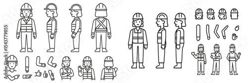 Workforce illustrations showcasing construction workers and safety gear in various poses and activities in an outlined style