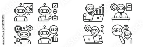 Diverse activities showcasing robots engaged in data analysis, business tasks, and search engine optimization strategies