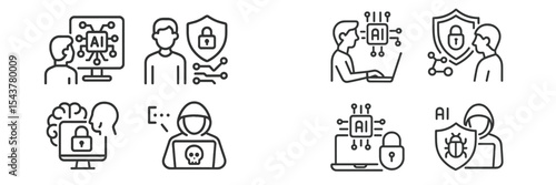 Exploring AI security with digital icons illustrating data protection, cybersecurity, and user interaction in a modern setting