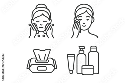 Skincare routine illustrated with cleansing, moisturizing, and essential products in a minimalist design