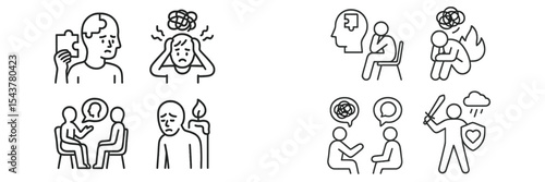 Mental health support and coping strategies illustrated in various scenarios depicting individuals seeking help